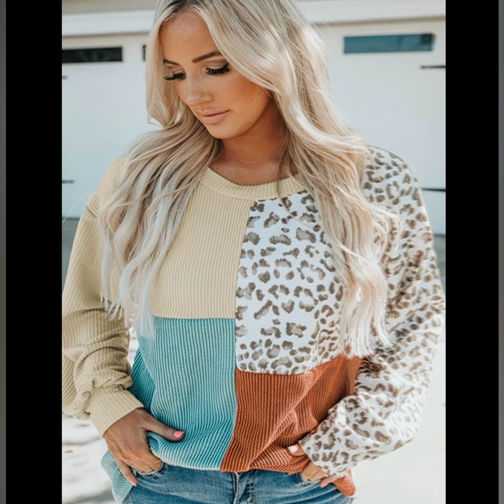 Colorblock Leopard Patchwork Sweater - image 3